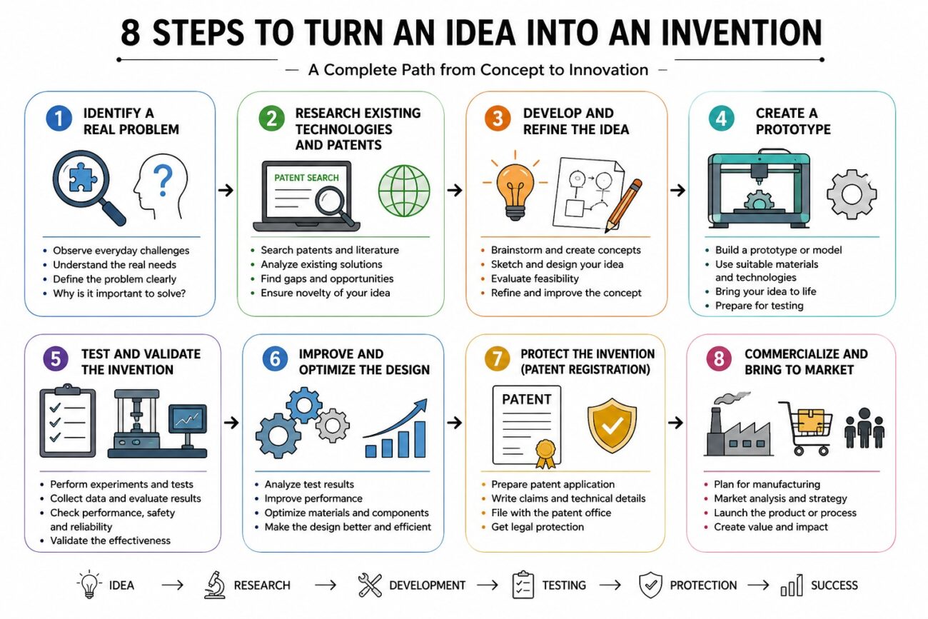 8 steps to turn an idea into an invention infographic showing innovation, prototype development, patent process, and commercialization