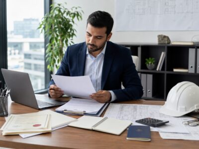 Engineer reviewing CDR documents, qualifications and technical plans for an Engineers Australia skills assessment application.