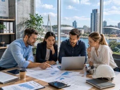 Civil, structural, mechanical and electrical engineers comparing salary data and engineering plans in a modern Australian office.