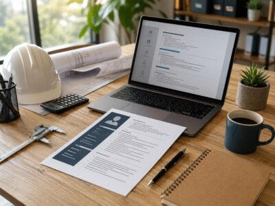 Engineering resume displayed beside technical plans, a laptop and safety helmet in a modern Australian workspace.