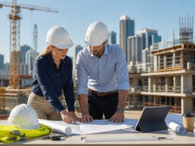 Civil engineers reviewing construction drawings and digital plans at an Australian building site while discussing project requirements and employment opportunities.