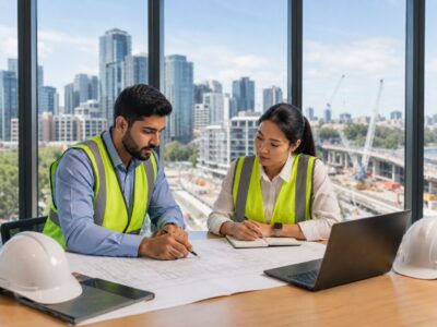 International engineers reviewing construction plans in a modern Australian office while discussing engineering jobs with visa sponsorship and employer requirements.