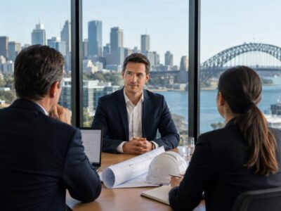 Engineering candidate attending a professional job interview in a modern Sydney office with engineering plans and a safety helmet.