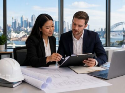 Two professional engineers reviewing registration documents and engineering plans in a modern Sydney office with an Australian city background.
