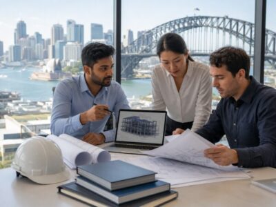 Civil and structural engineers reviewing Australian design standards, blueprints and a structural model in a modern Sydney office.