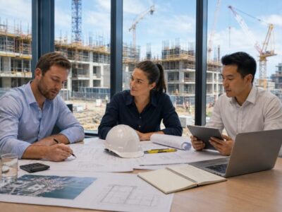 Civil, site and project engineers reviewing construction plans beside an active Australian building site.