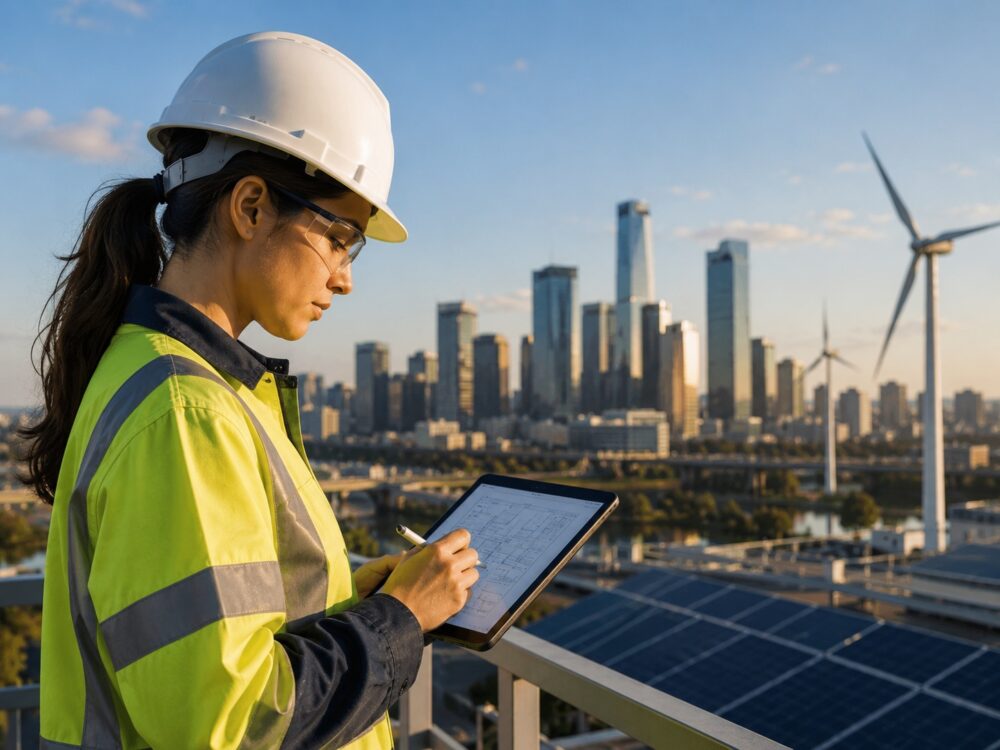 An engineer using digital technology to support renewable energy and modern infrastructure—highlighting how automation, clean energy and smart systems are reshaping engineering careers in Australia.