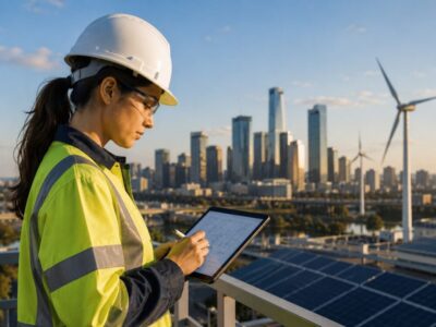 An engineer using digital technology to support renewable energy and modern infrastructure—highlighting how automation, clean energy and smart systems are reshaping engineering careers in Australia.