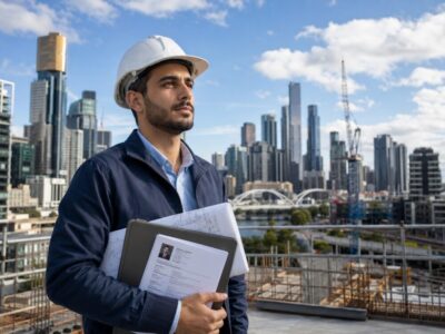 Migrant engineer wearing a hard hat and holding technical drawings at an Australian construction site.