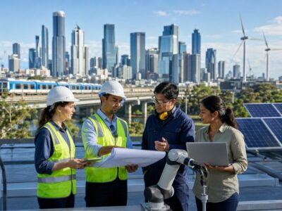 Engineers collaborating on future infrastructure, renewable energy, robotics and smart-city projects in Australia.