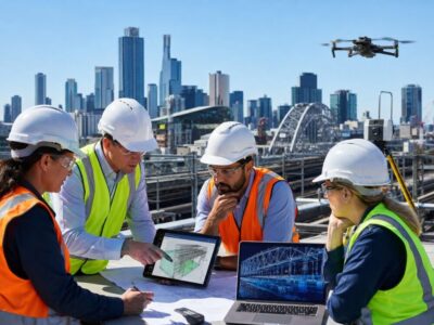 Engineers using AI tools, digital models and site technology to review structural and civil infrastructure in an Australian city.