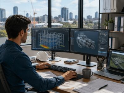 Engineer using structural, mechanical and civil design software on multiple monitors in a modern Australian office.