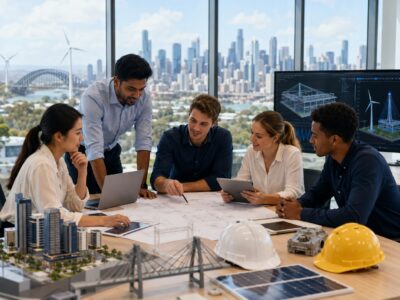 Graduate engineers collaborating on engineering plans and digital models while exploring graduate engineering programs in Australia for 2027.
