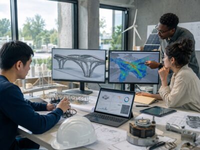 Engineers using AI tools for engineering design, structural analysis, technical reporting and project delivery in a modern professional workspace.